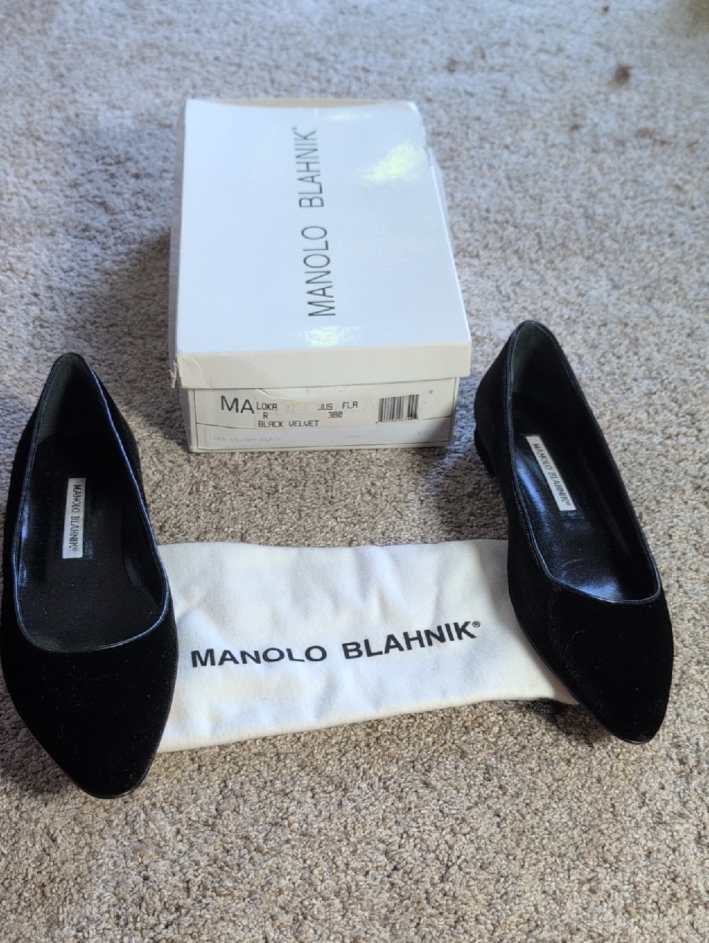 Manolo Blahnik Black Velvet Pointed Flats Style Loka with Dust Bag